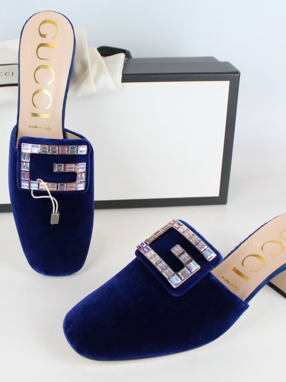 NEW Gucci Crystal Logo Velvet Mules, Cobalt, EUR 40, Block Heel, Slip-on
